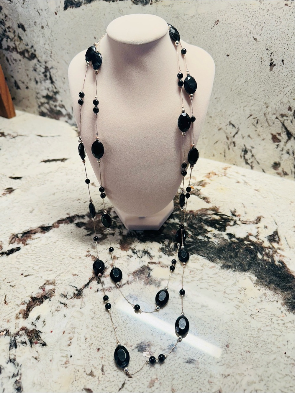 Long Black Bead Station Necklace - Women Jewelry